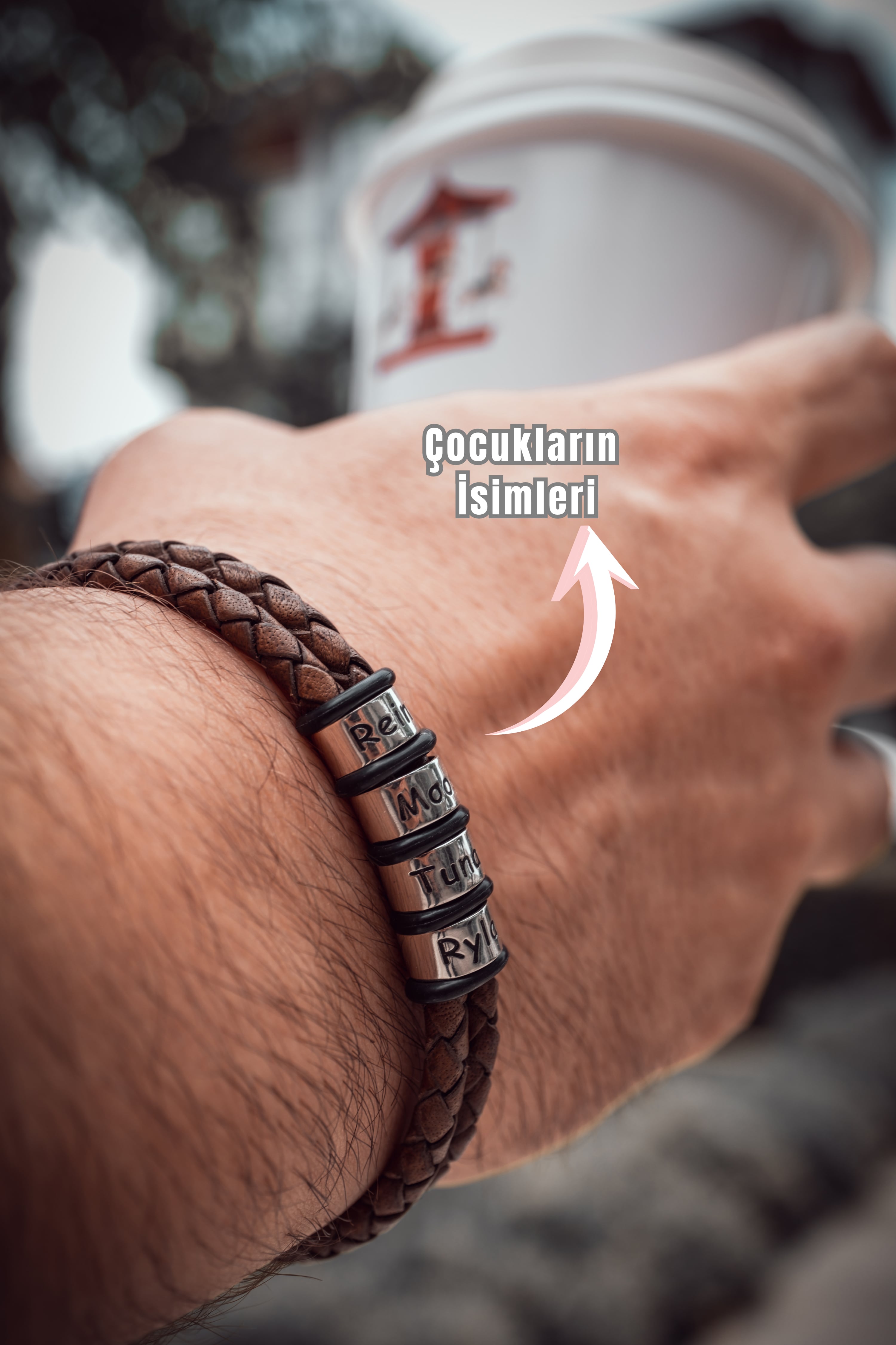 Kişiye Özel İsimli Gümüş Halkalı Deri Kordonlu Erkek Bileklik