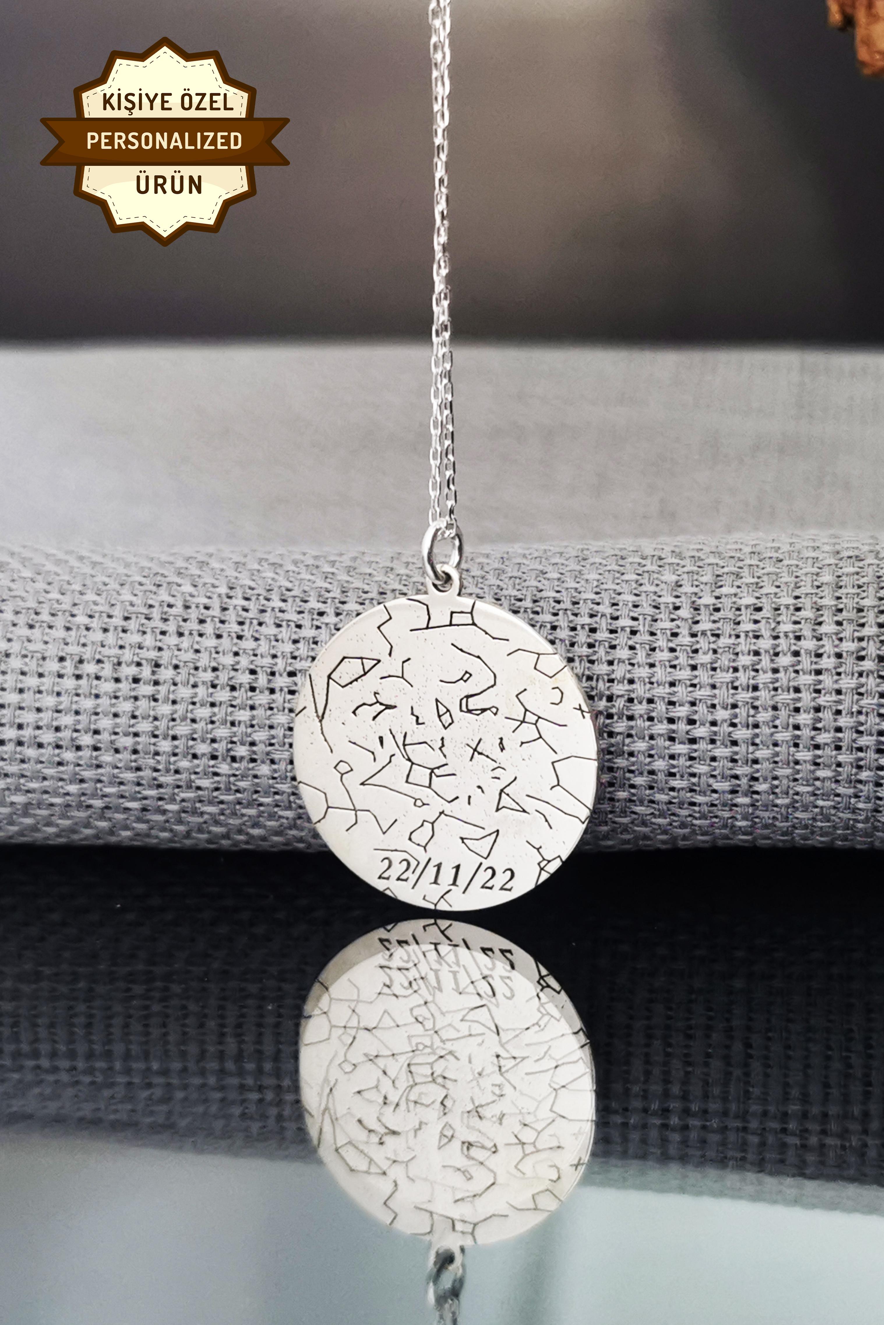 Engraved Star Map Silver Round Necklace