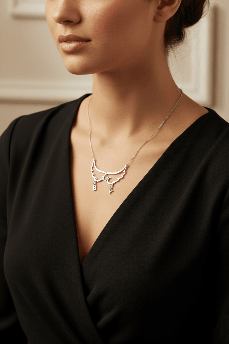 Custom Angel Wings Initial Silver Necklace
