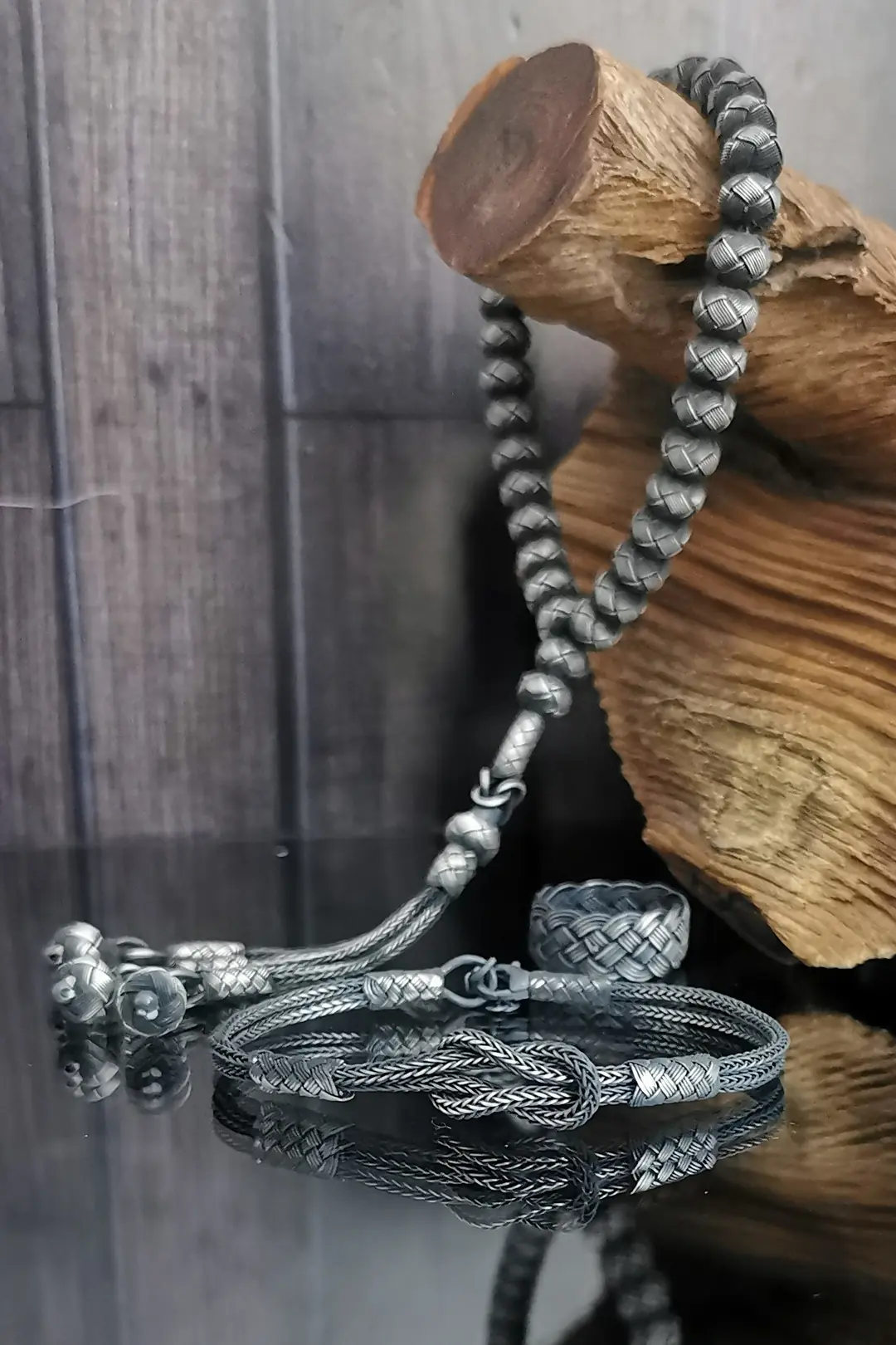 Hand Braided Oxidized Silver Men's Kazaziye Jewelry Set - Piyera
