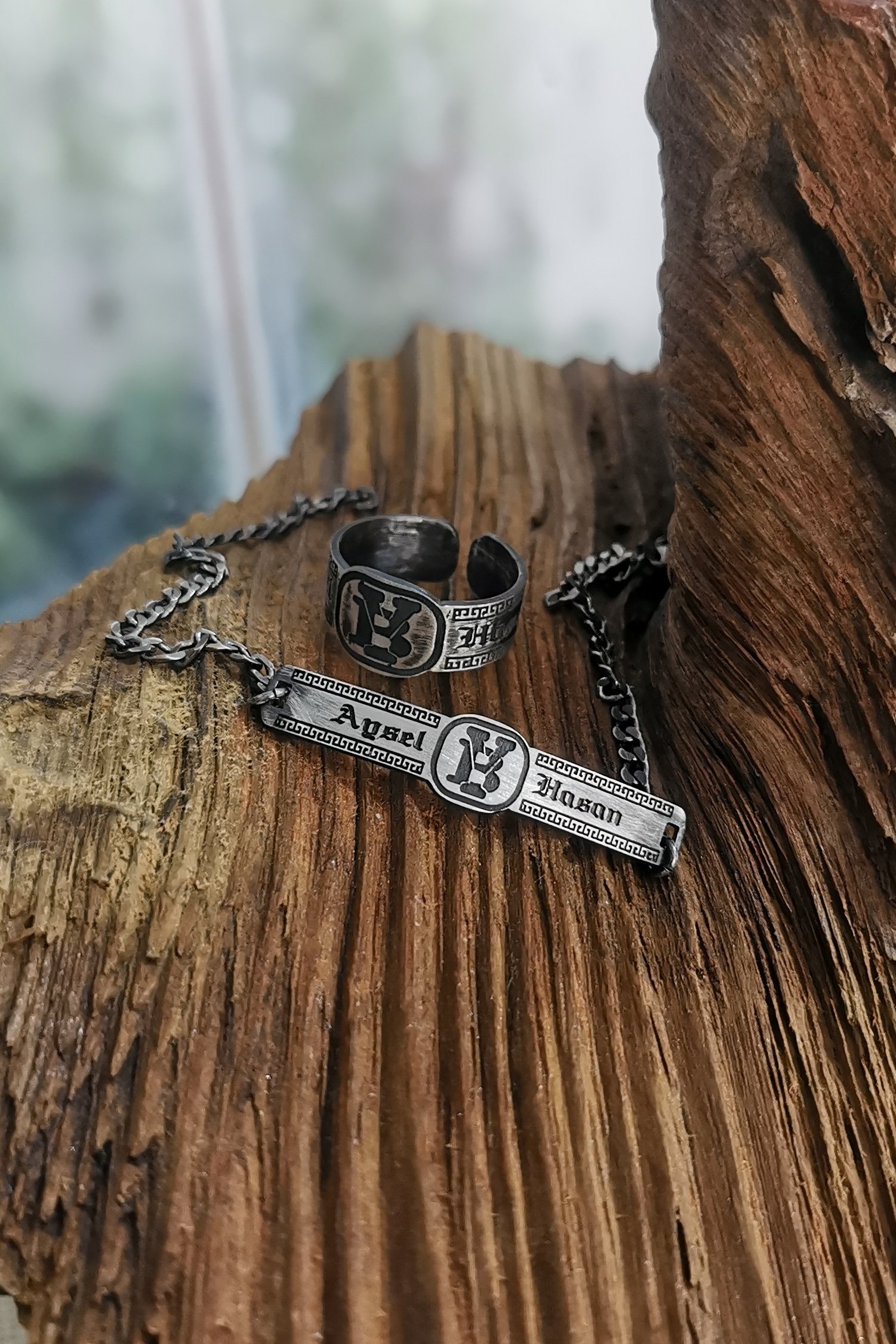 Personalized Oxidized Silver Gothic Bracelet & Ring Set