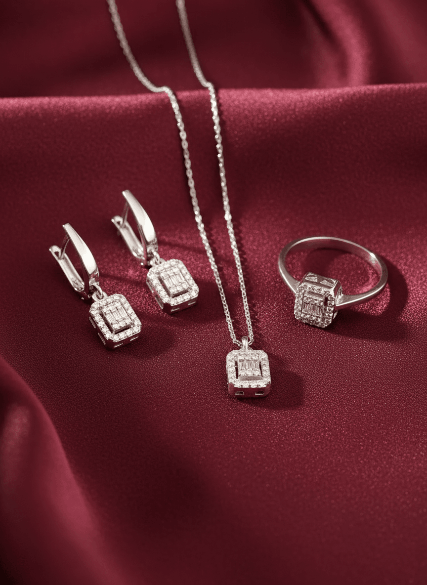 Parçalı Baget Taşlı Tamamı Gümüş Üçlü Set