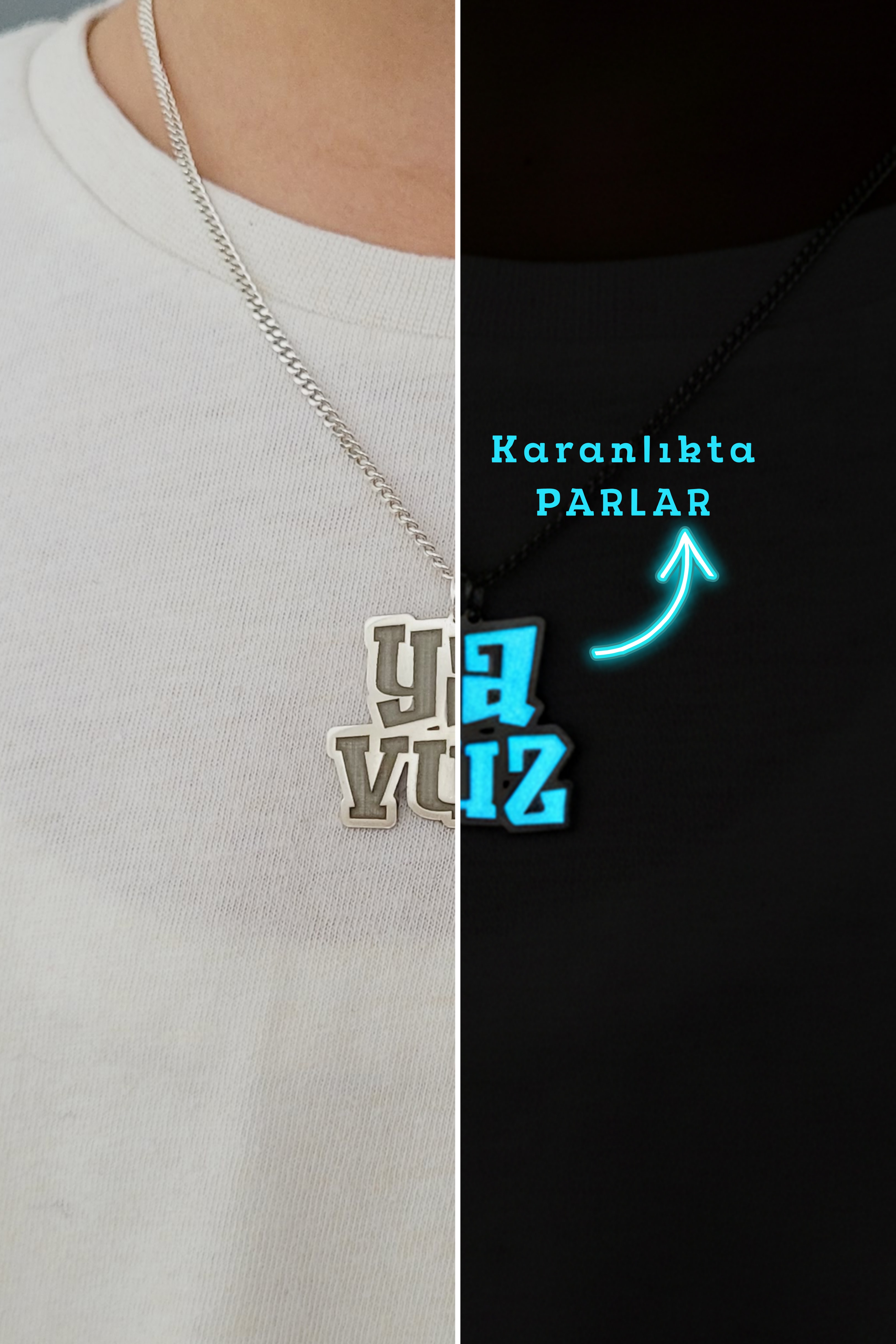 Fosforlu Karanlıkta Parlayan Kişiye Özel İsimli Erkek Çocuk Gümüş Kolye