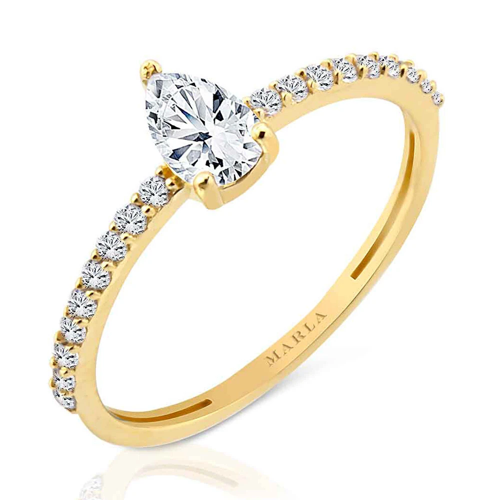 Yan Taşlı Damla Tektaş Altın Yüzük