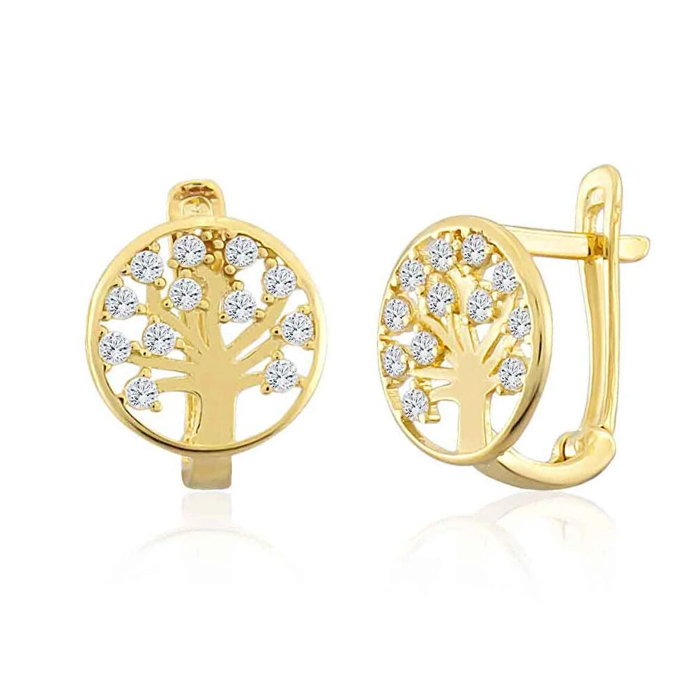 Ağaç Figürlü Taşlı Altın Çocuk Küpe