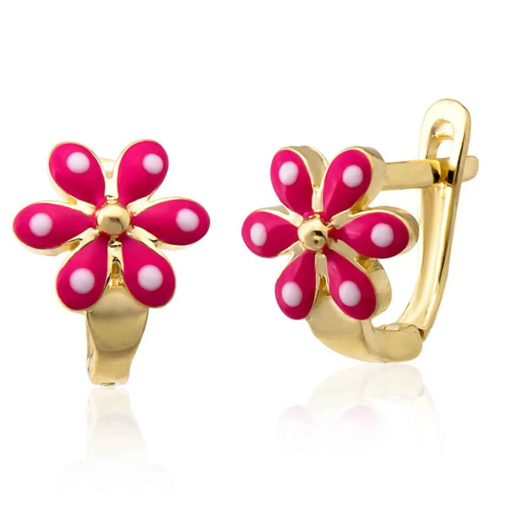 Pembe Çiçek Detaylı Altın Çocuk Küpe