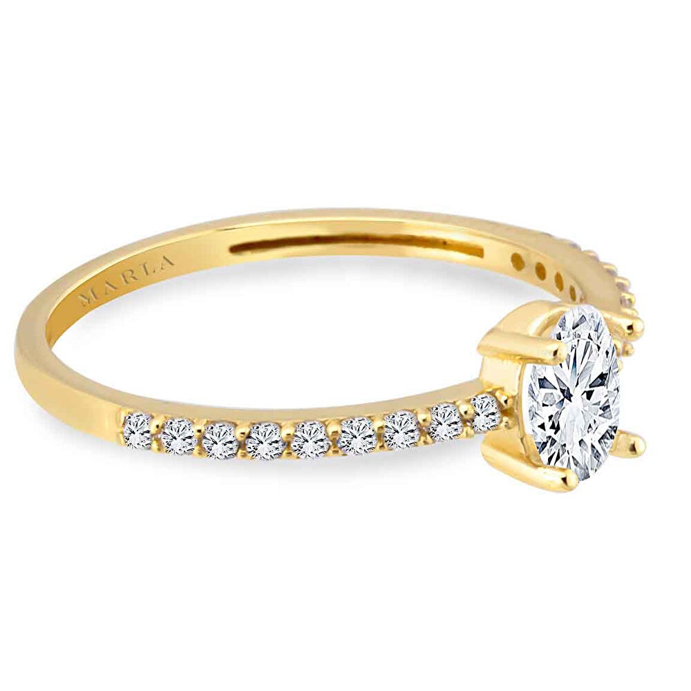 Yan Taşlı Oval Tektaş Altın Yüzük