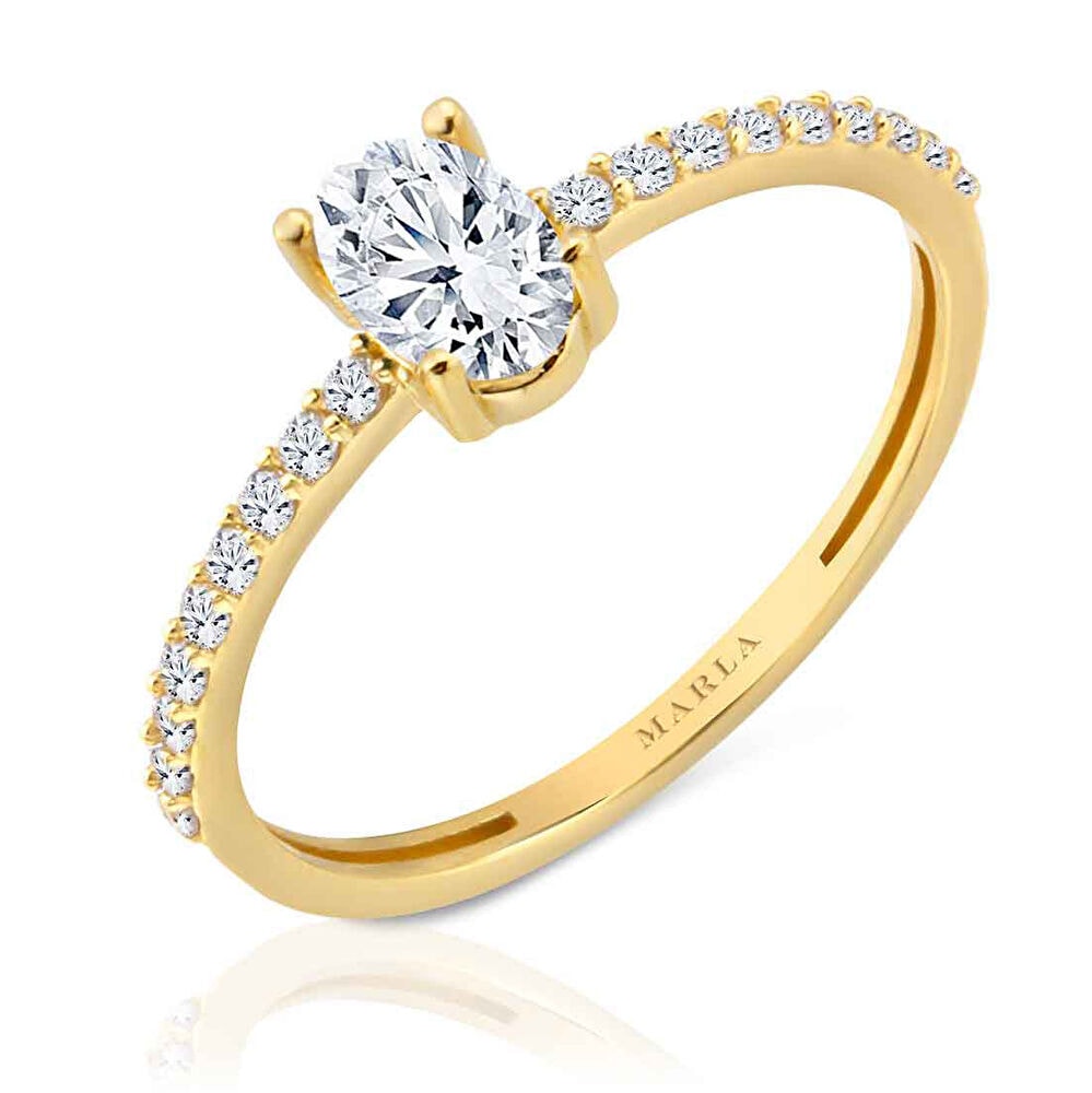 Yan Taşlı Oval Tektaş Altın Yüzük