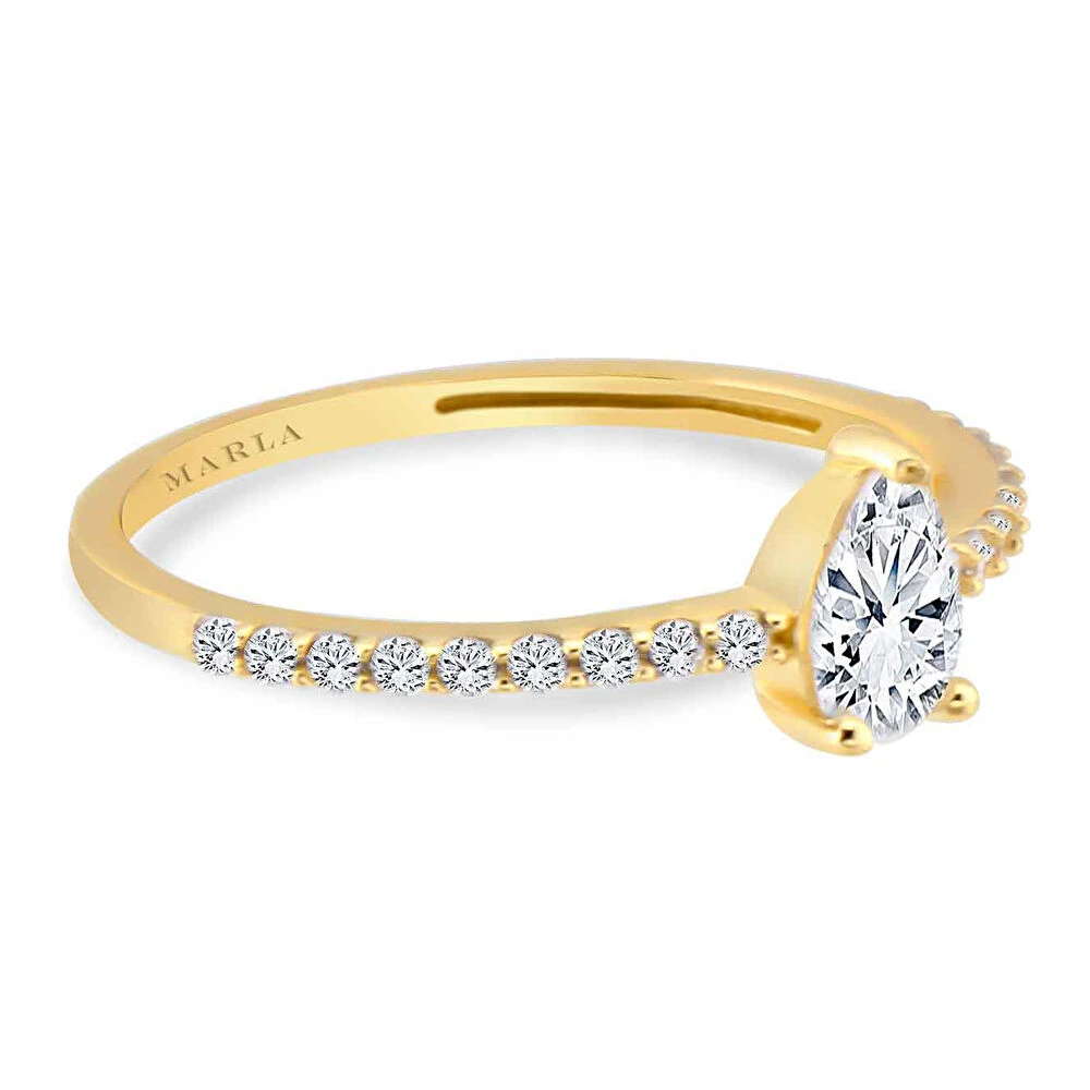 Yan Taşlı Damla Tektaş Altın Yüzük