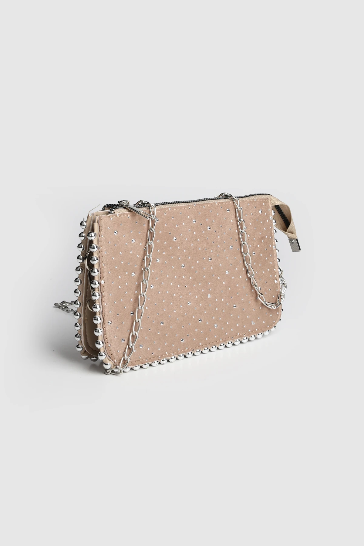 La Graccio Paris Kadın ZR Boncuk Detaylı 3 Bölmeli Askılı Çanta - Taşlı Vizon Süet