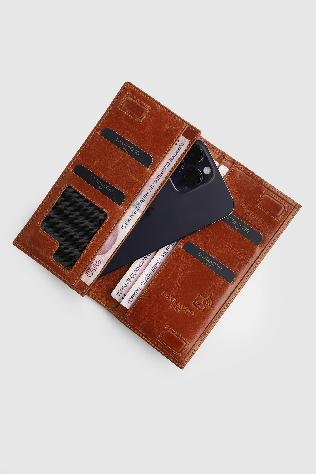La'Graccio Paris Mare Rfid Korumalı Erkek Hakiki Deri Telefon Hazneli Cüzdan