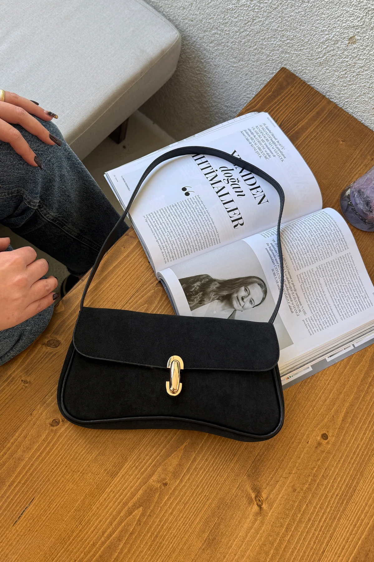 Lagraccio Paris Kadın Palera Süet Baget Çanta - Siyah Süet