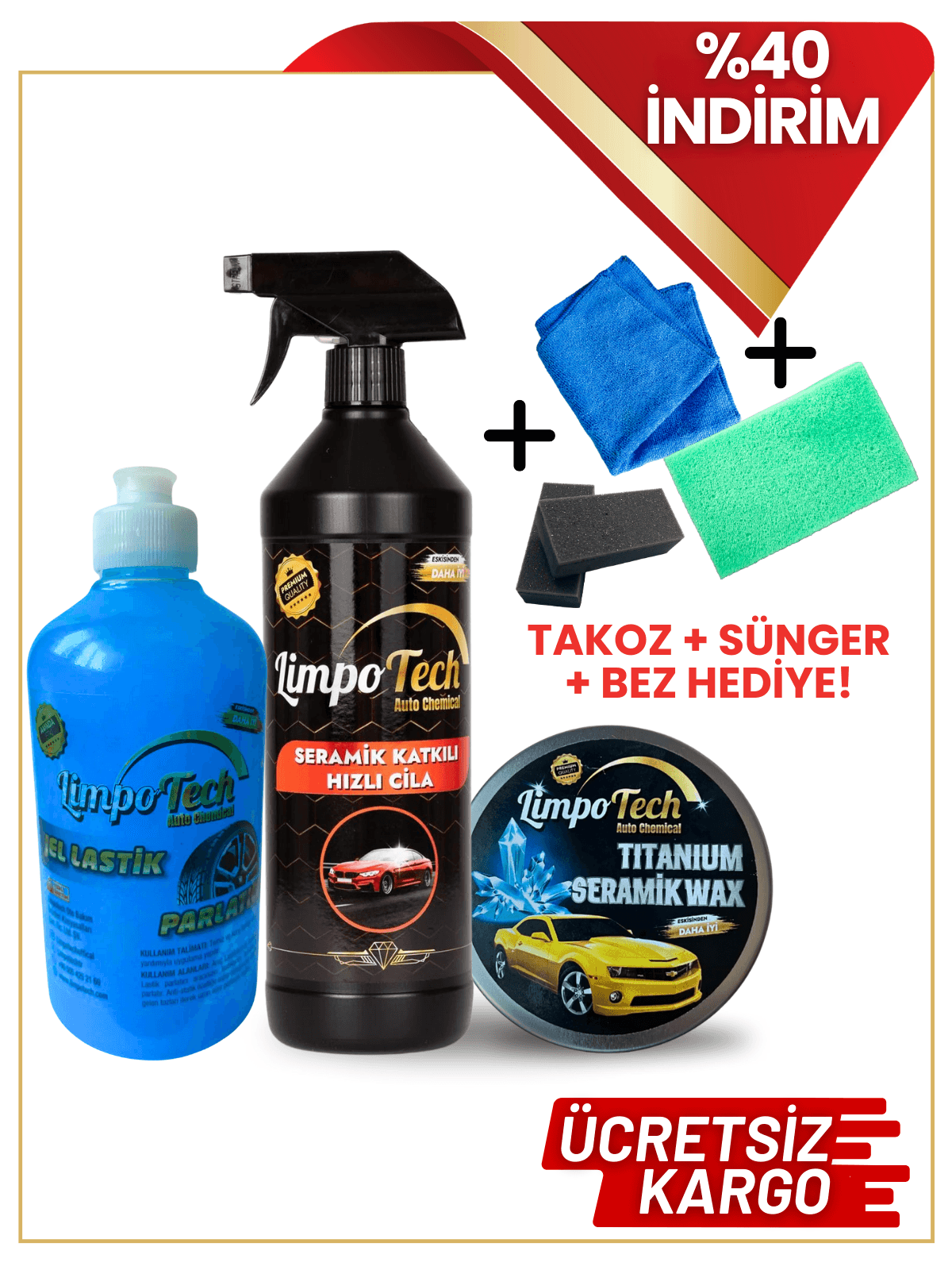 Titanium Seramik Wax 150 Ml + Seramik Katkılı Hızlı Ve Pratik Cila 500Ml + Jel Lastik Parlatıcı 500Ml + (Sünger + Bez Hediye)