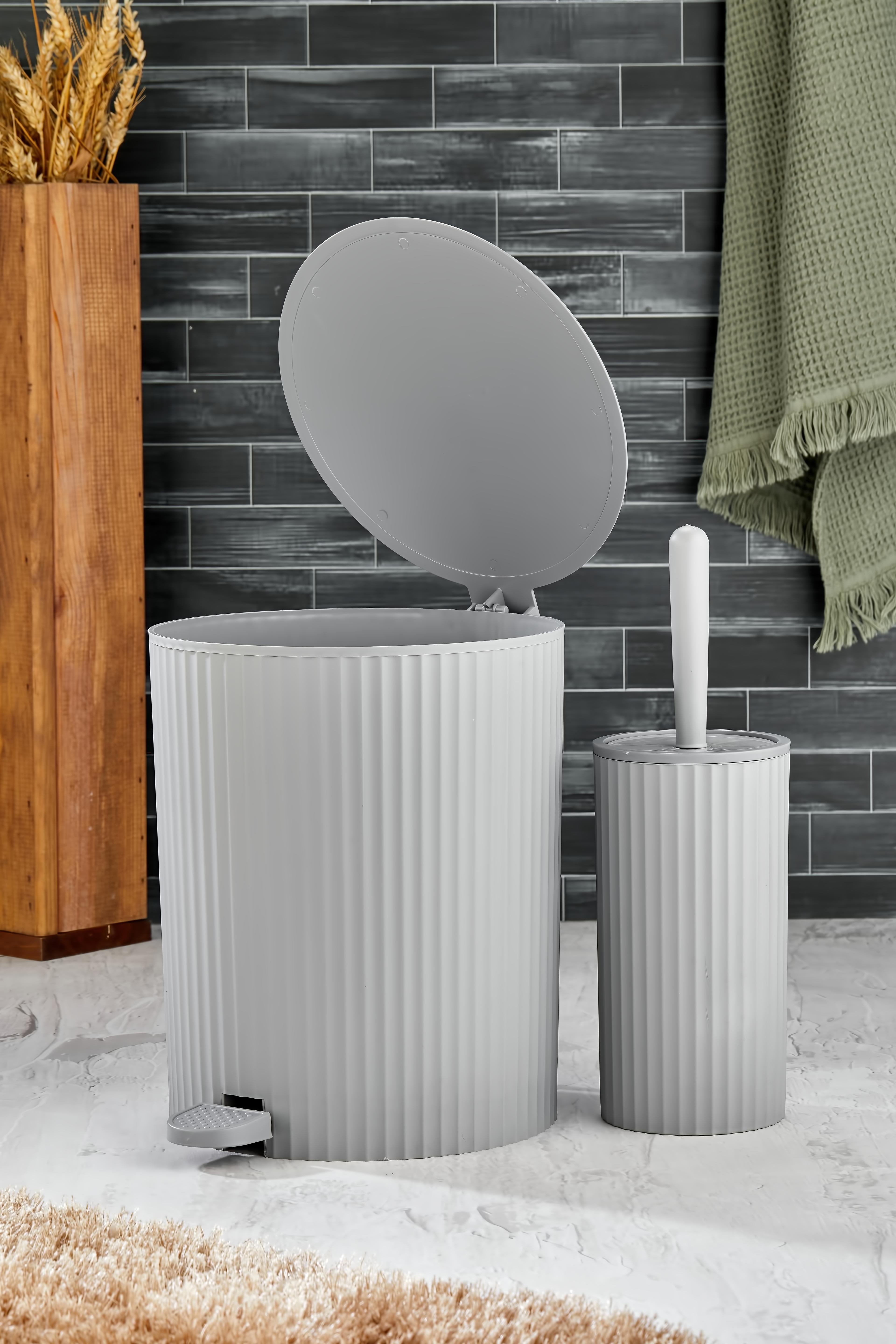 ESTE - 2 Parça Pedallı Banyo Seti - Pedallı Çizgili Yuvarlak Çöp Kovası WC Fırçası Set
