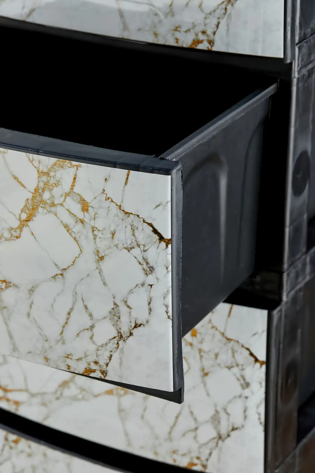 4 Katlı Çekmeceli Baskılı Mermer Desenli Kapaklı Plastik Komidin