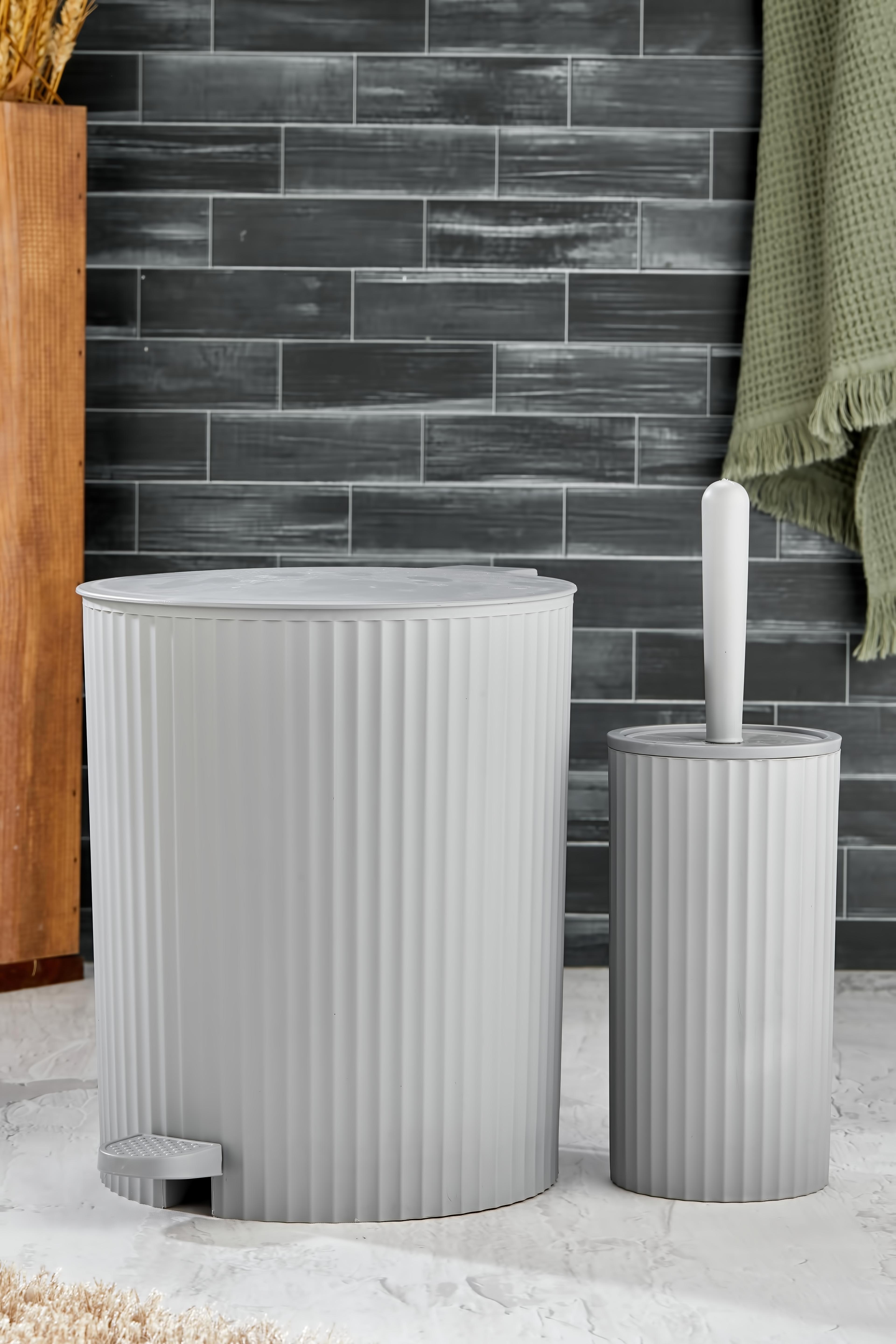 ESTE - 2 Parça Pedallı Banyo Seti - Pedallı Çizgili Yuvarlak Çöp Kovası WC Fırçası Set