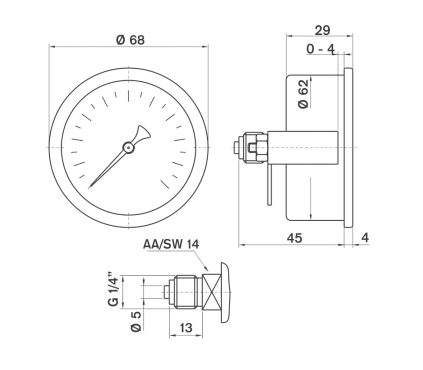 Pakkens 0-60 Bar 63 mm Arkadan Bağlantılı Panotipi Kuru Manometre G 1/4 inç