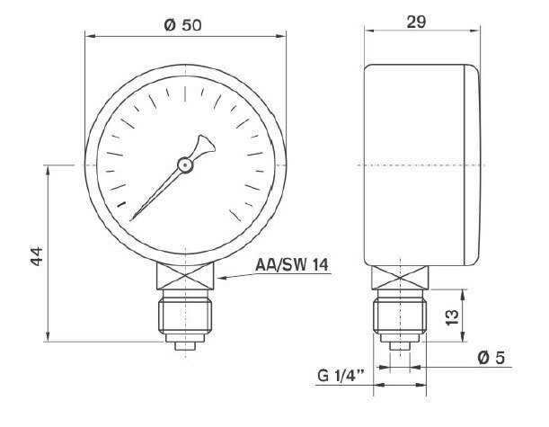 Pakkens Çap 50 0/250 Bar Kuru Tip Basınç Ölçer, Manometre, Basınç Göstergesi 1/4''