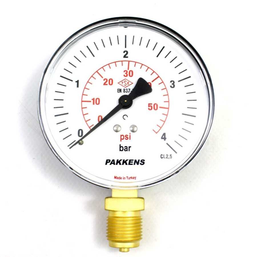 Pakkens 0-4 Bar 160 mm Alttan Bağlantılı Kuru Manometre G 1/2 inç
