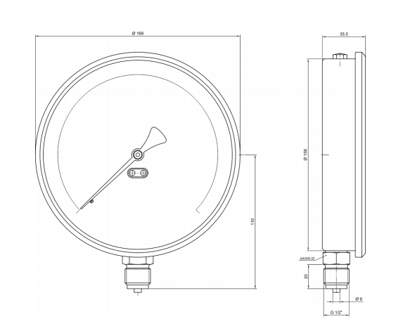 Pakkens 0-600 Bar 160 mm Alttan Bağlantılı Kuru Manometre G 1/2 inç