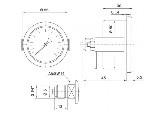 Pakkens 0-4 Bar 50 mm Panotipi Arkadan Bağlantılı Kuru Manometre G 1/8 inç