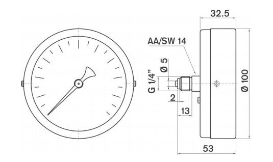 Pakkens 0-100 Bar 100 mm Arkadan Bağlantılı Kuru Manometre G 1/4 inç