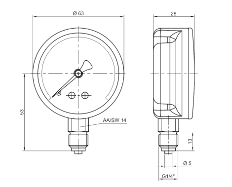 Pakkens Çap 63 0/1 Bar Kuru Tip Basınç Ölçer, Manometre, Basınç Göstergesi 1/4''