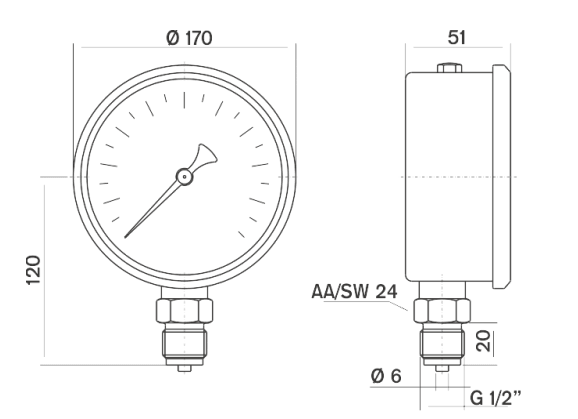 Pakkens 0-60 Bar 160 mm Alttan Bağlantılı Gliserinli Manometre G 1/2 inç