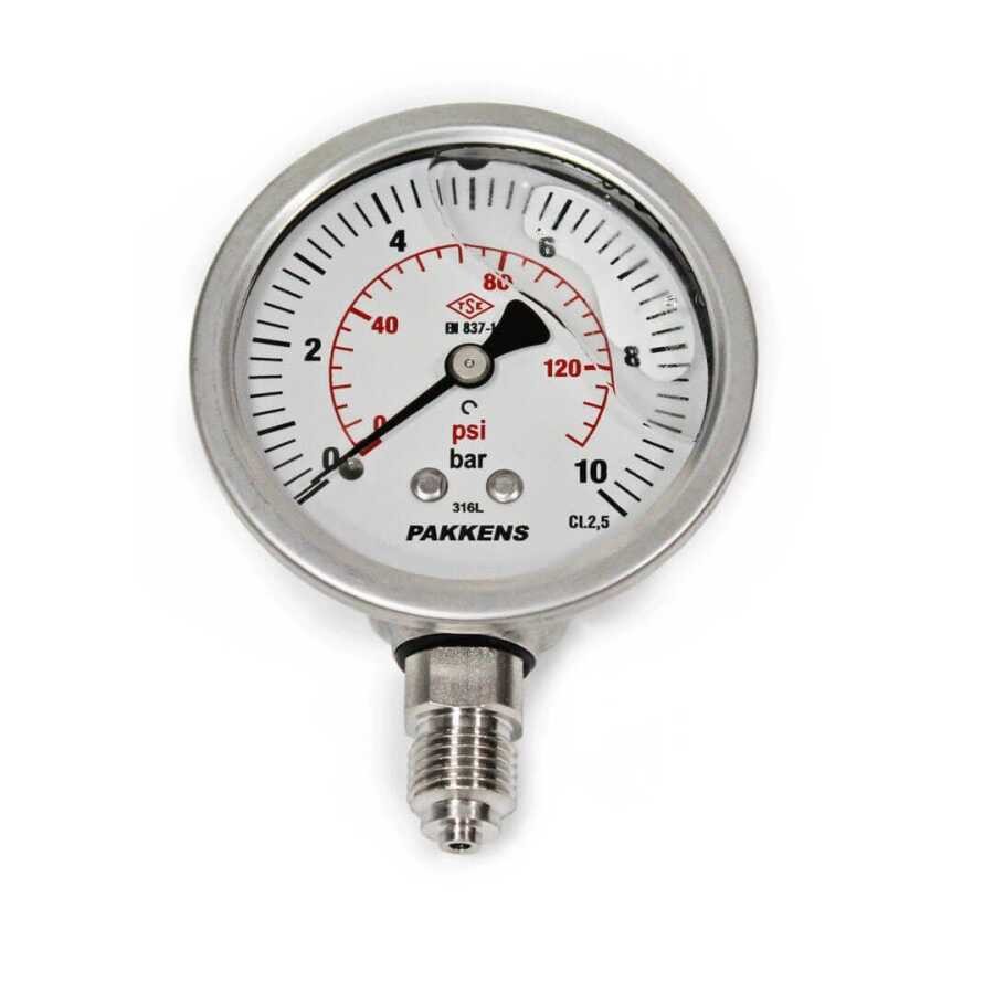 Pakkens 0-10 Bar 63 mm Alttan Bağlantılı Gliserinli Paslanmaz Manometre G 1/4 inç