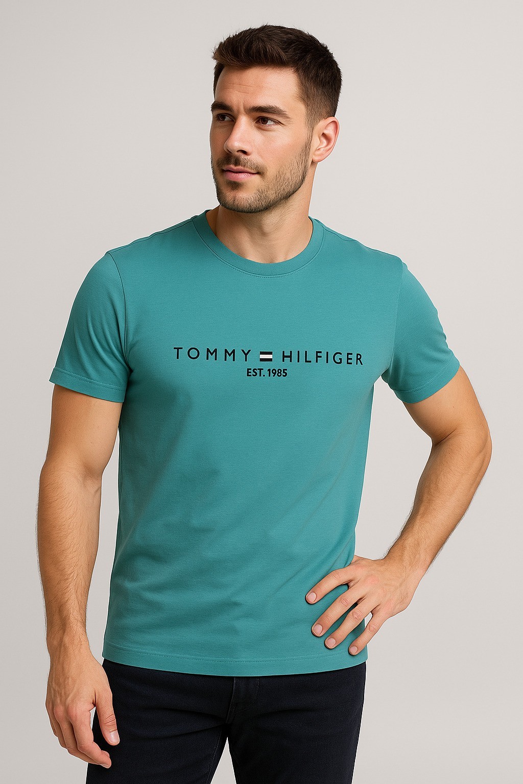 Tommy Bisiklet Yaka Nakışlı T-Shirt Turkuaz Yeşili