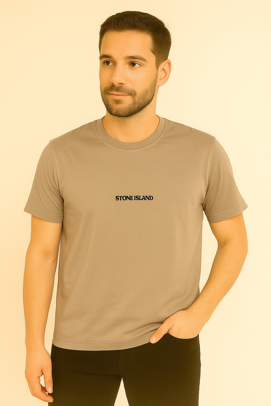 Stone Island Küçük Baskı Pamuk Penye Bisiklet Yaka Tshirt Kahverengi