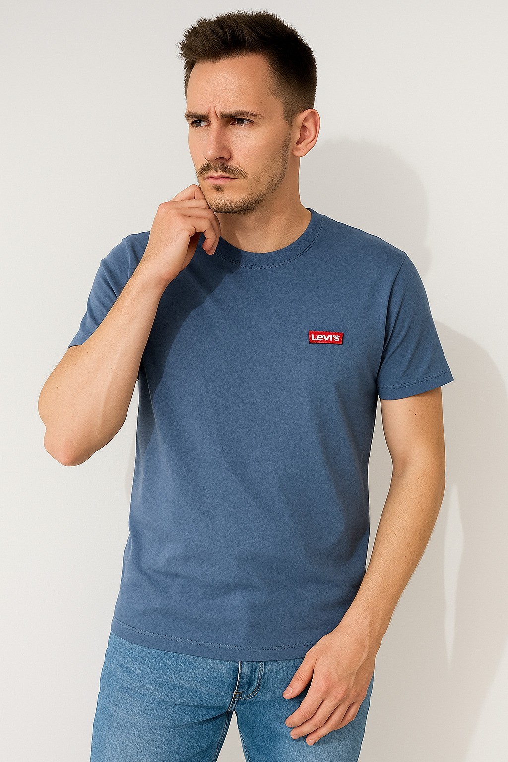 Leviss Bisiklet Yaka Pamuk Penye Nakışlı T-Shirt İndigo