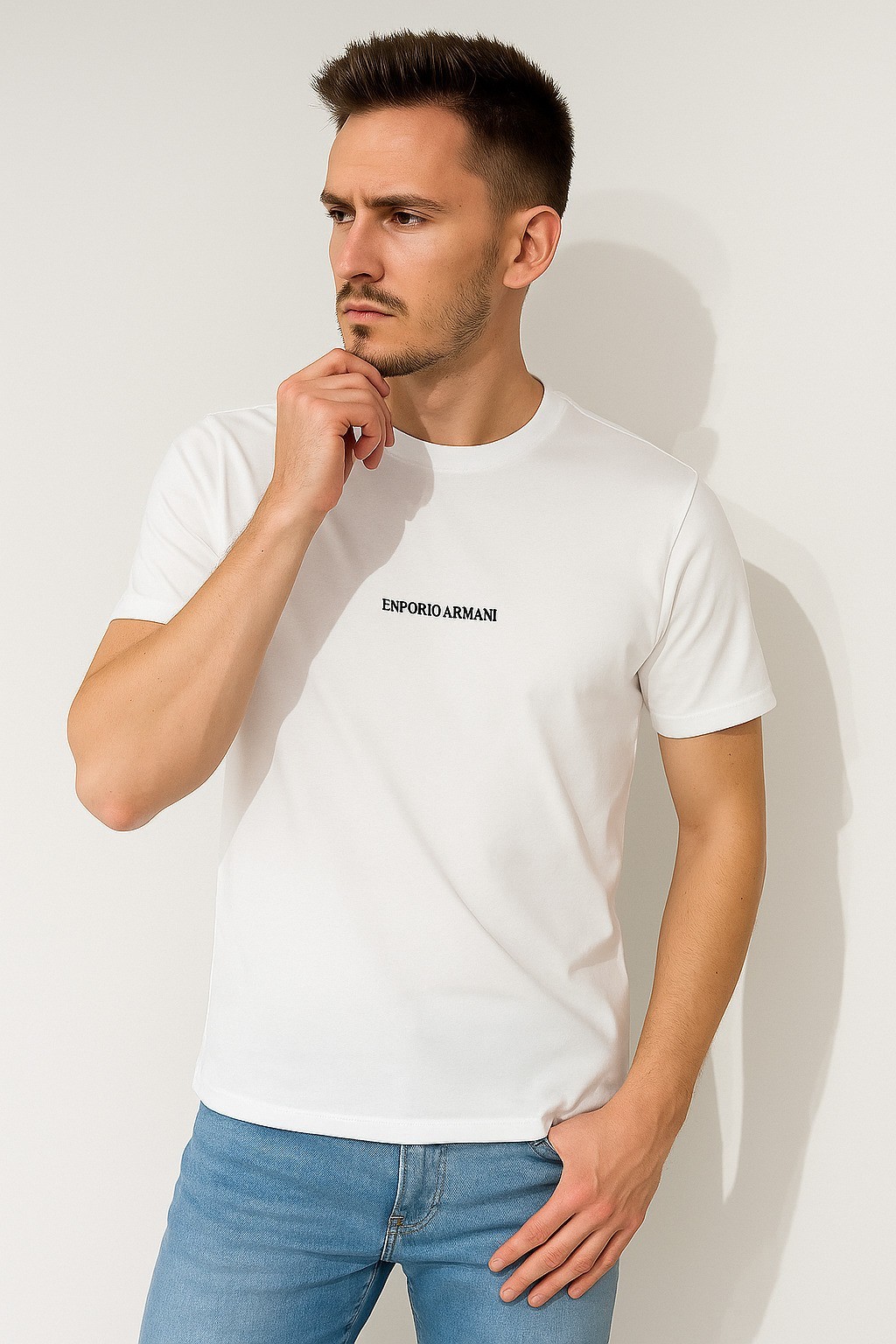 Emperioo Bisiklet Yaka Küçük Baskı Pamuk Penye Beyaz T-Shirt