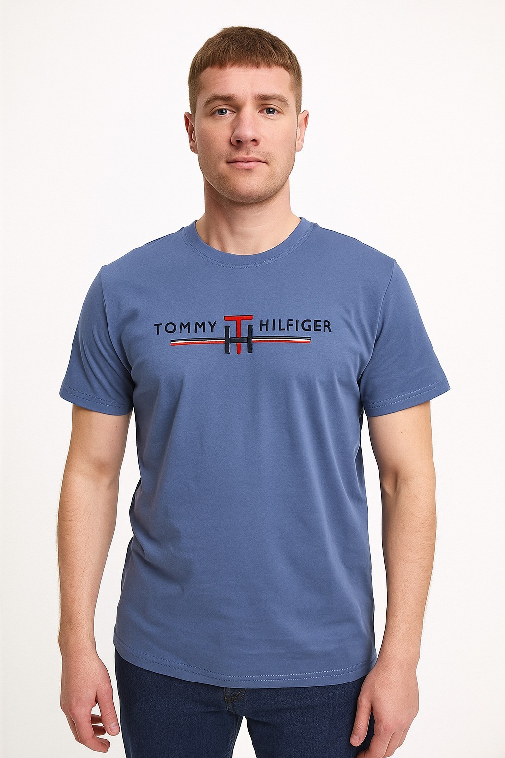 Tommy Bisiklet Yaka Nakışlı T-Shirt  Mavi