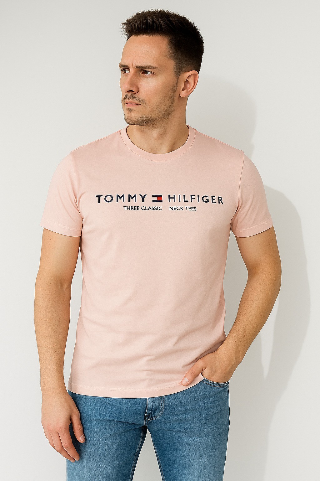 Tommy  Est Baskılı Bisiklet Yaka Pamuk Penye T-Shirt Pudra Pembe