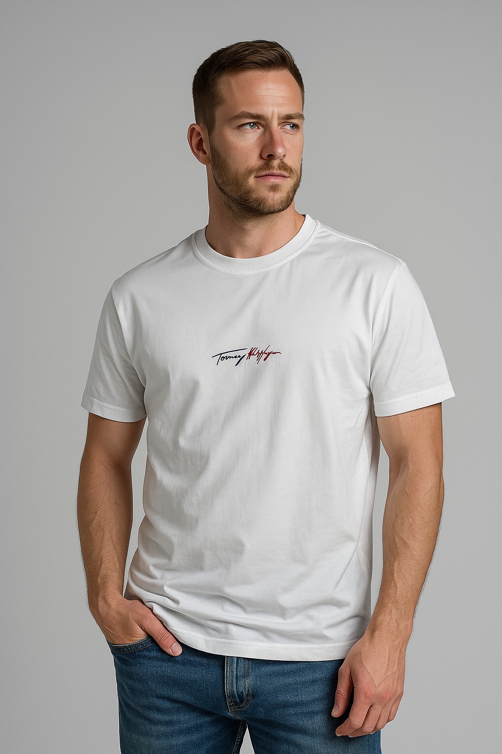 Tommy  Bisiklet Yaka Baskılı T-Shirt İtalic Beyaz