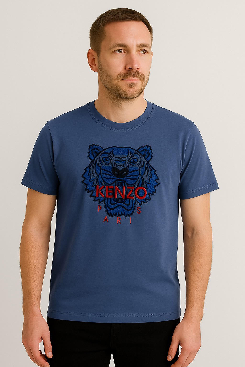 Kenzo Bisiklet Yaka Pamuk Penye T-Shirt  Mavi