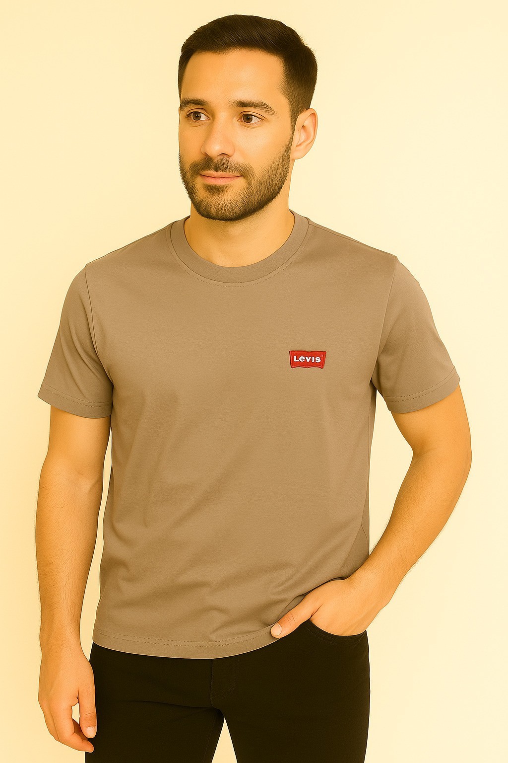 Leviss Bisiklet Yaka Pamuk Penye Nakışlı Tshirt Kahverengi