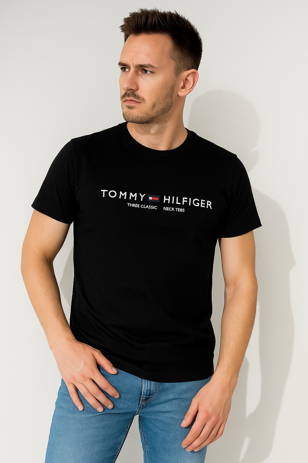 Tommy Est Baskılı Bisiklet Yaka Pamuk Penye T-Shirt Siyah