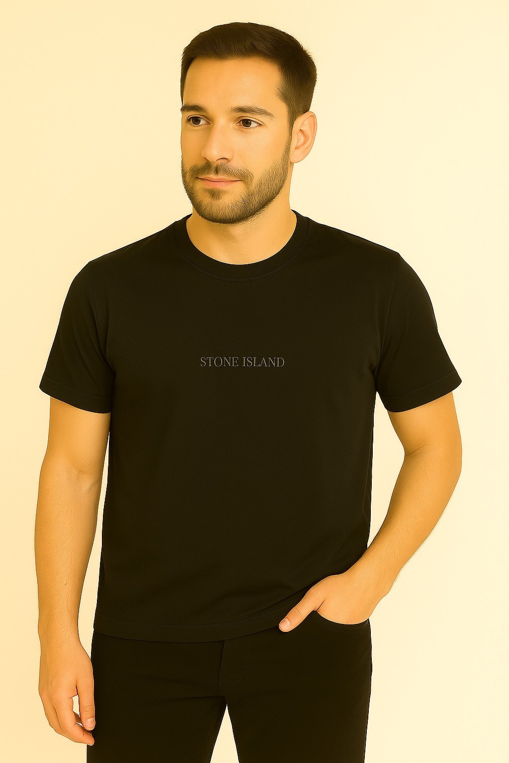 Stone Island Küçük Baskı Pamuk Penye Bisiklet Yaka Tshirt Siyah