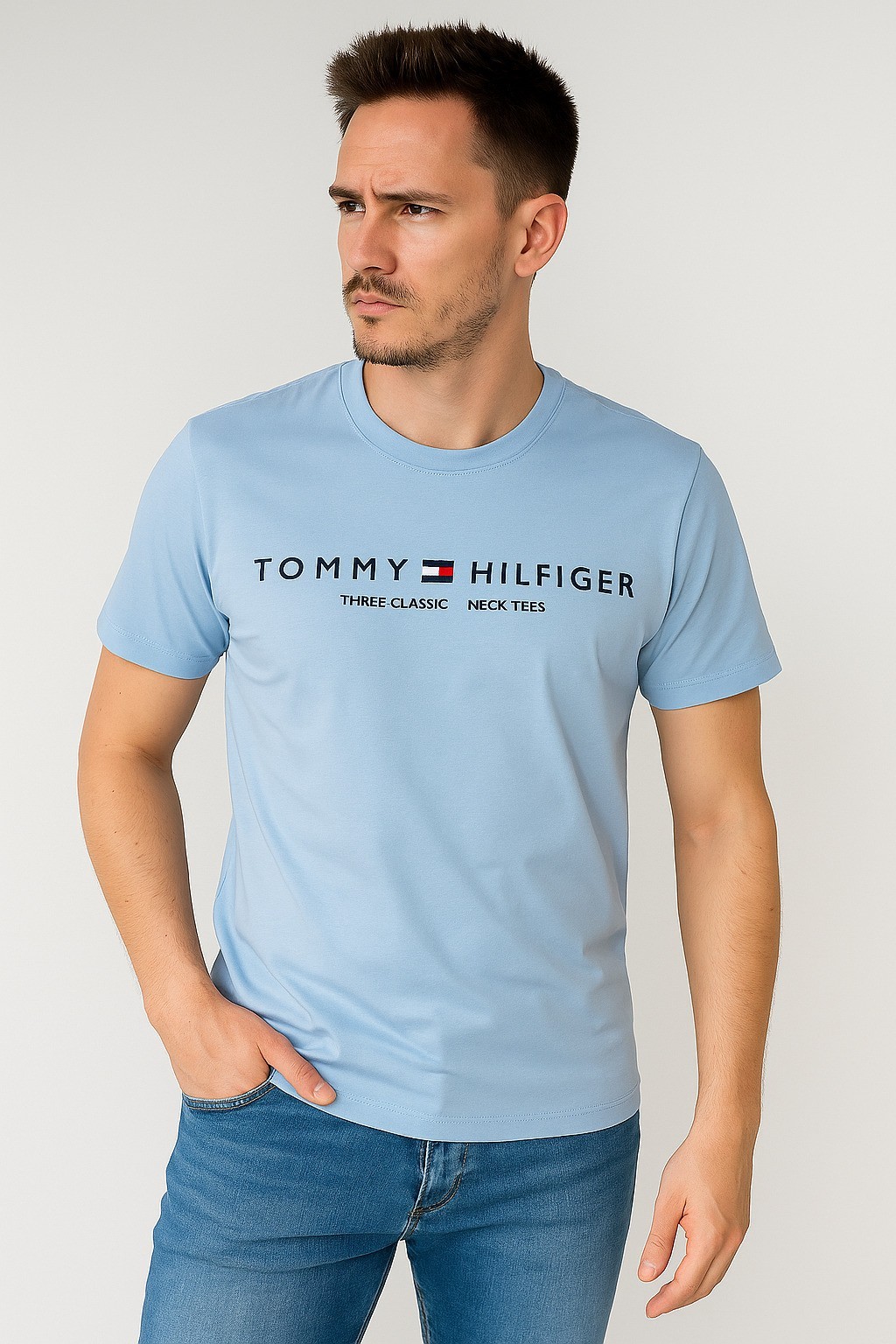 Tommy Est Baskılı Bisiklet Yaka Pamuk Penye T-Shirt Bebe Mavisi