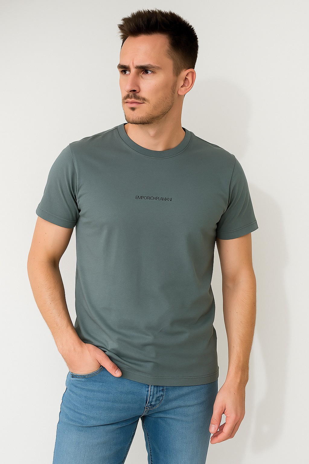 Emperioo Bisiklet Yaka Küçük Baskı Pamuk Penye Çamur Mavisi T-Shirt