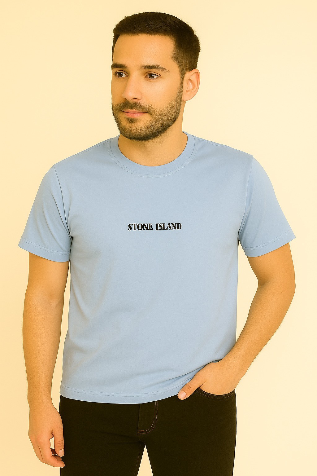 Stone Island Küçük Baskı Pamuk Penye Bisiklet Yaka T-Shirt Bebe Mavisi