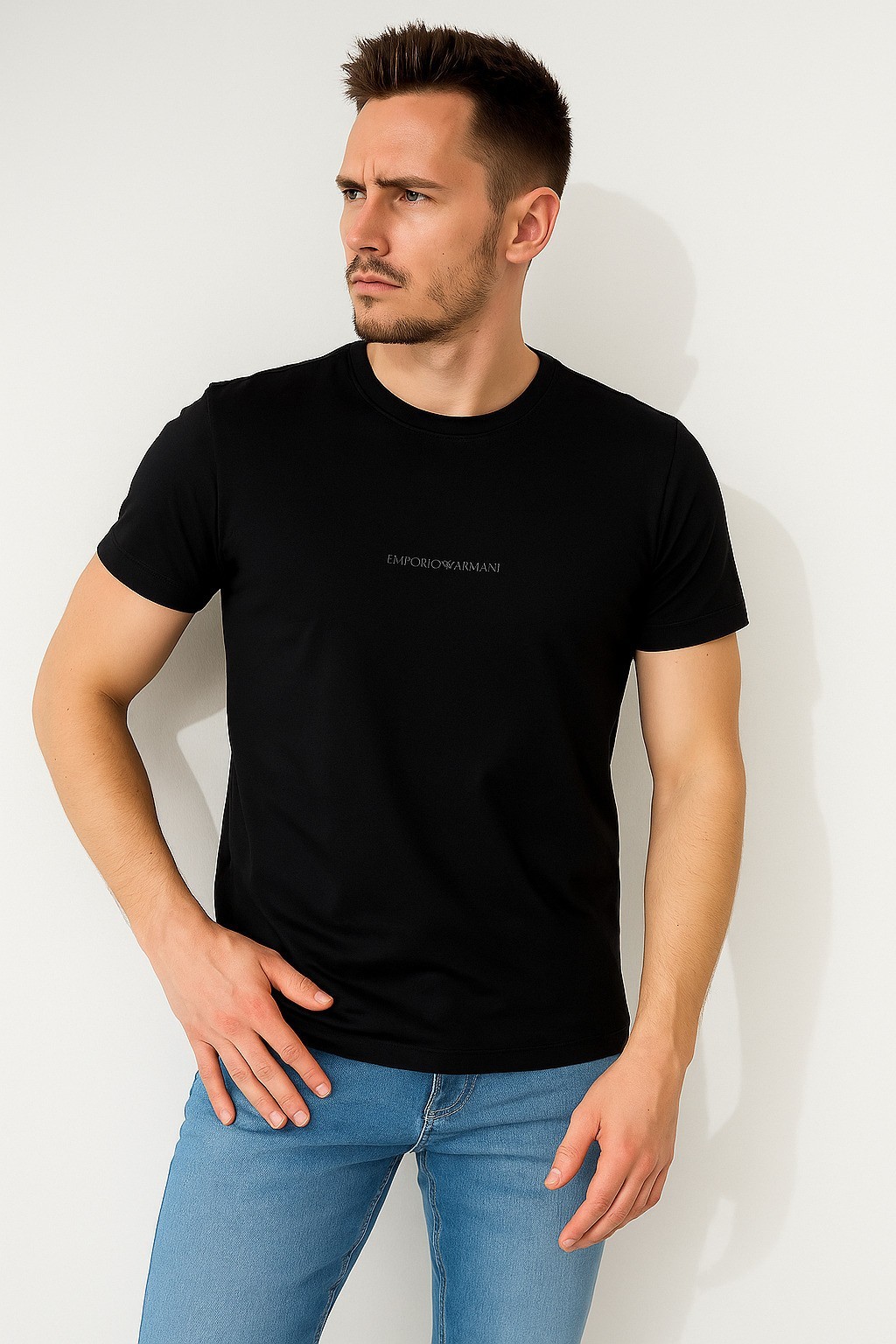 Emperioo  Bisiklet Yaka Küçük Baskı Pamuk Penye Siyah T-Shirt