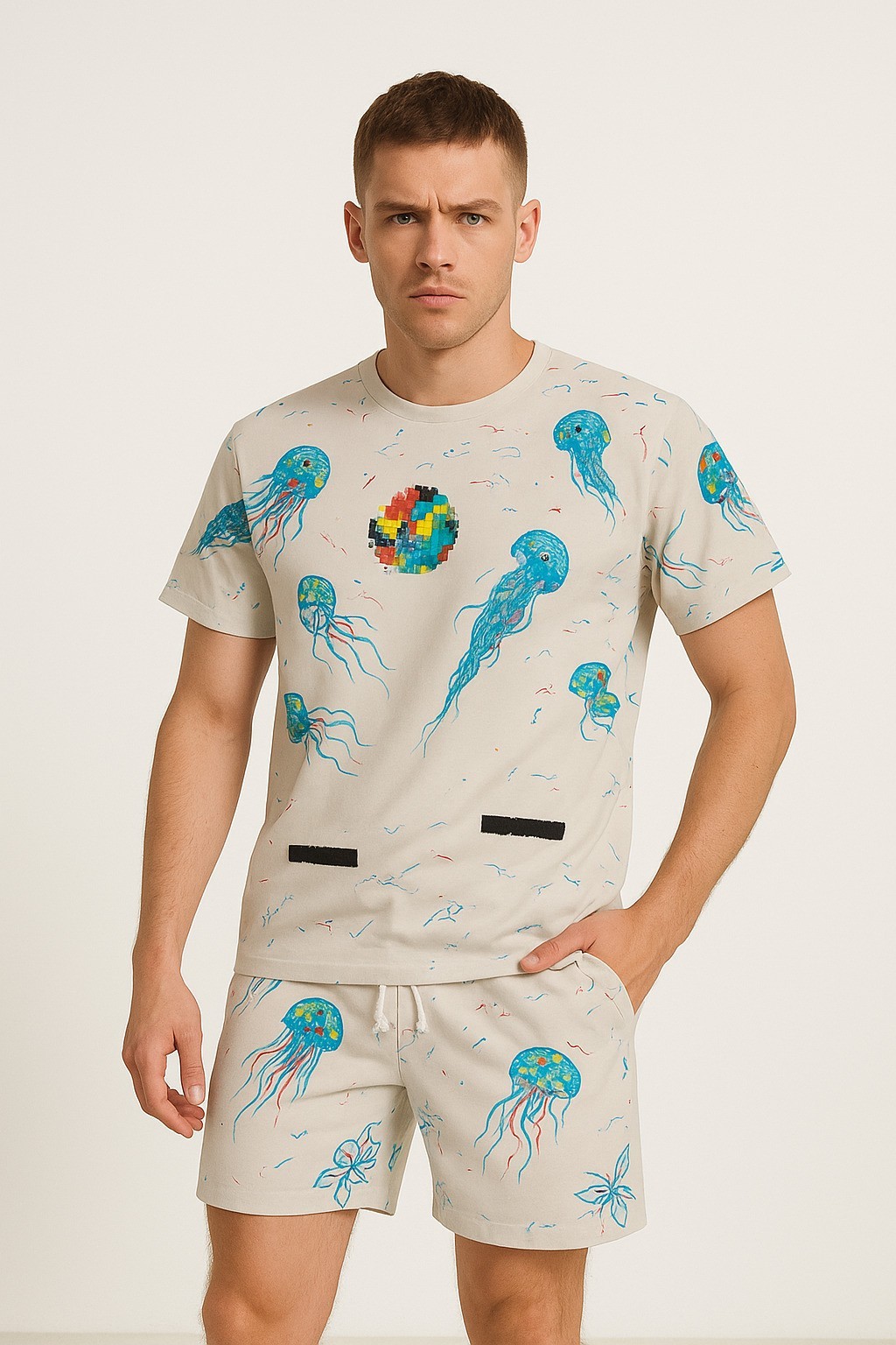 Off White Şort + T-Shirt Takım (Deniz Baskılı) Ekru