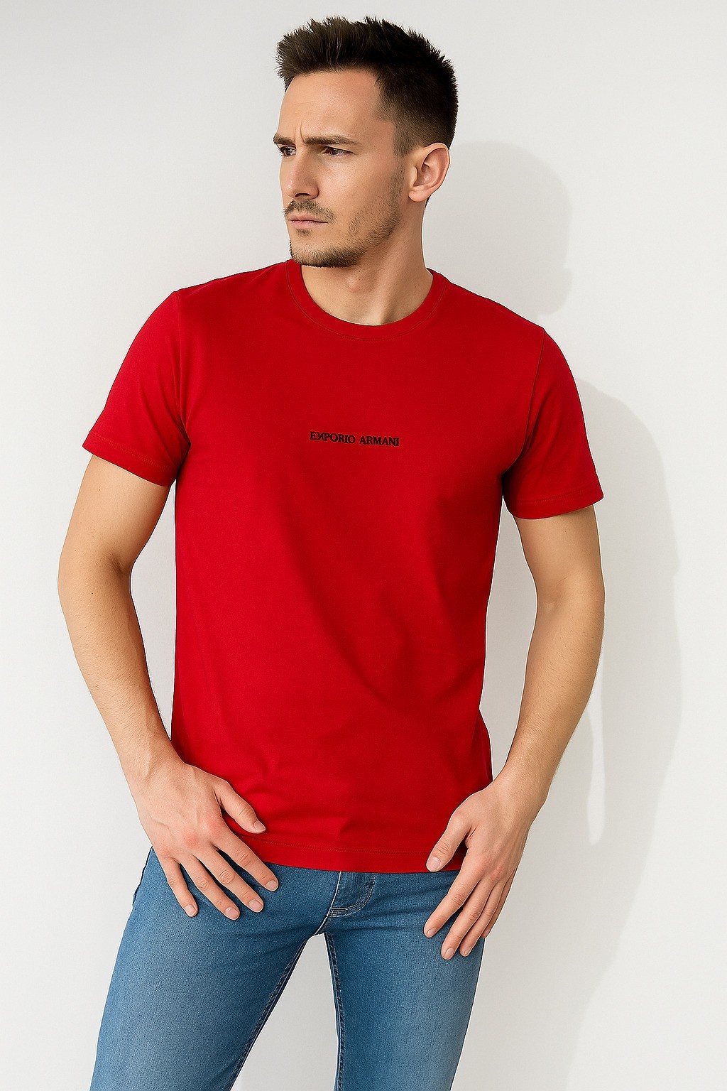 Emperioo Bisiklet Yaka Küçük Baskı Pamuk Penye Kırmızı T-Shirt