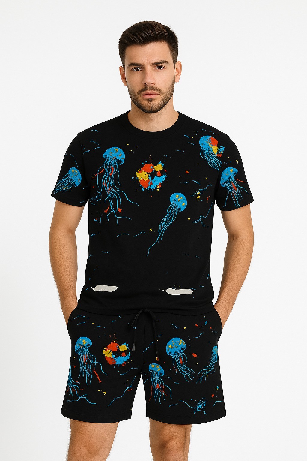 Off White Şort + T-Shirt (Deniz Baskılı) Siyah