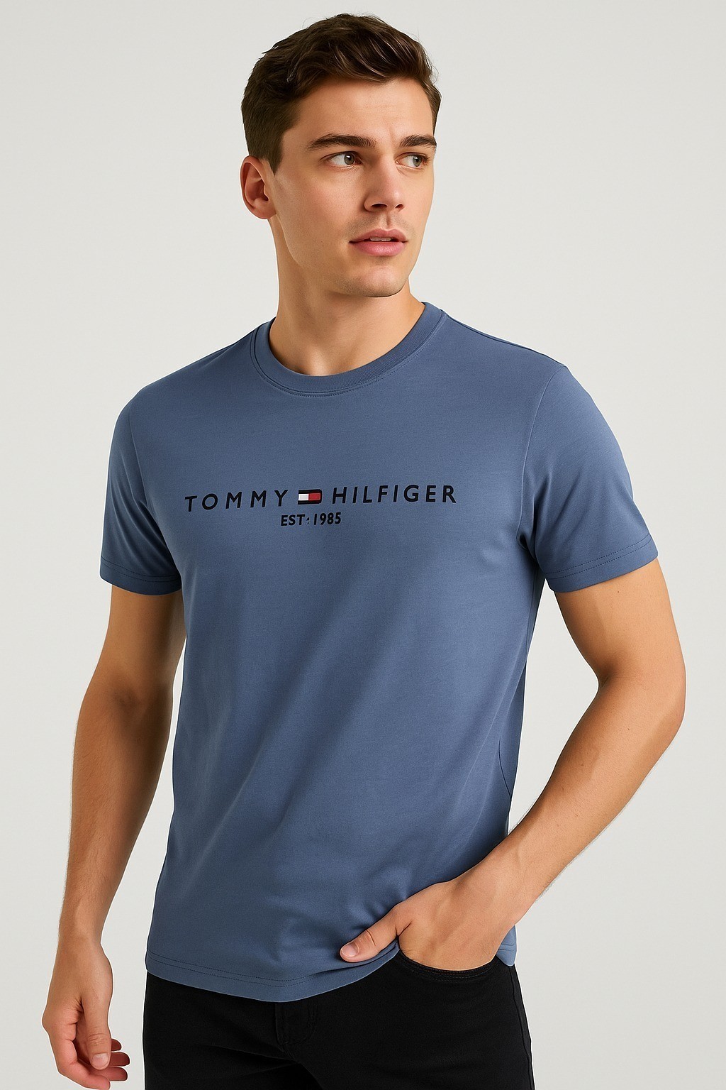 Tommy  Bisiklet Yaka Nakışlı T-Shirt Çamur Mavisi