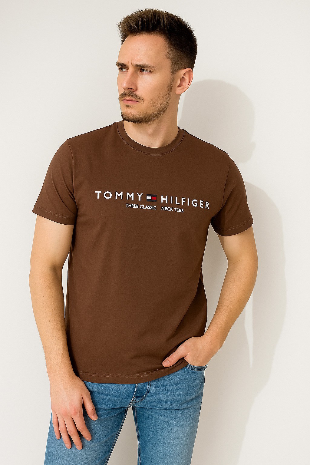 Tommy  Est Baskılı Bisiklet Yaka Pamuk Penye T-Shirt Kahverengi