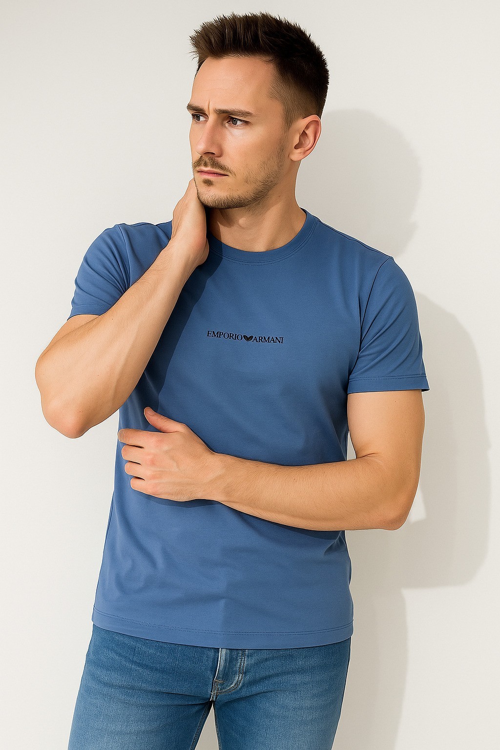 Emperioo Bisiklet Yaka Küçük Baskı Pamuk Penye İndigo T-Shirt